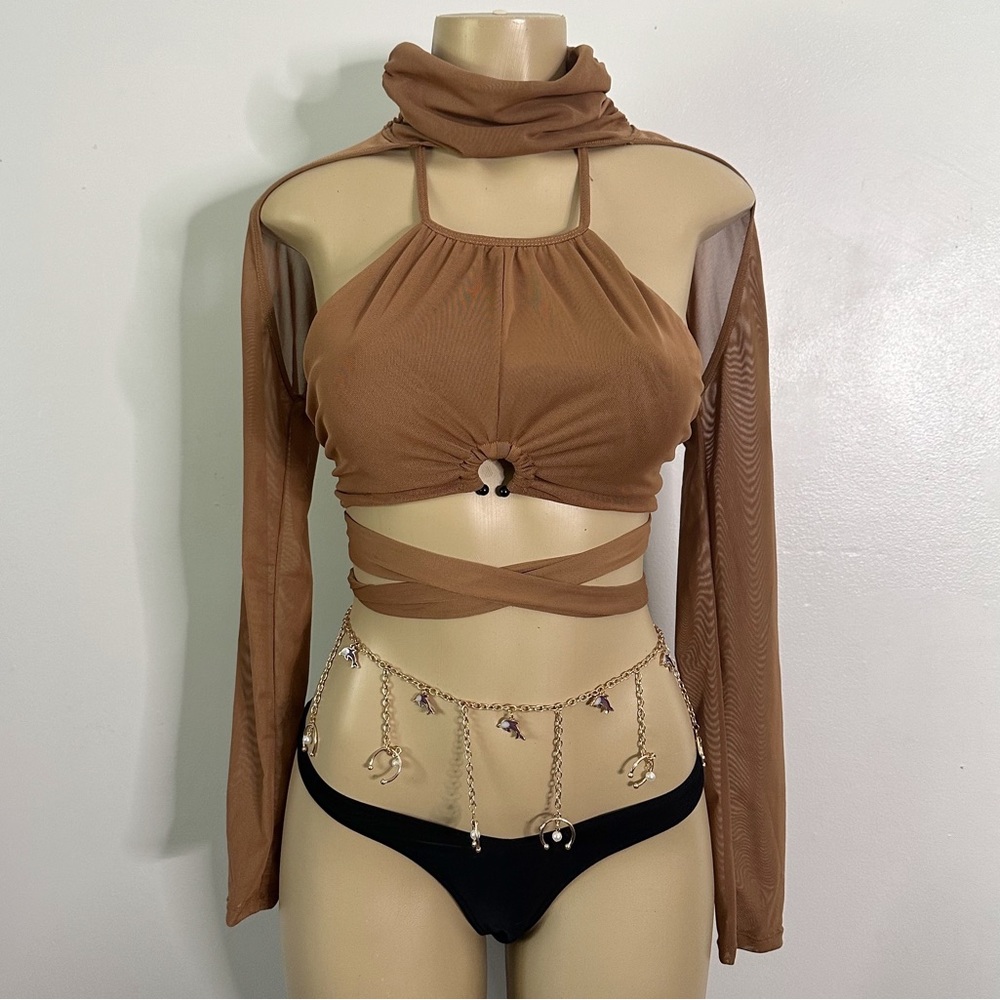 Darker Wavs Brown 2 Pc Halter Crop Mesh Sleeves Strappy Top